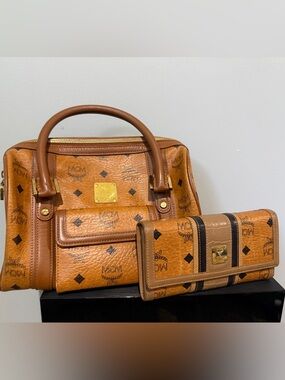 MCM Cognac Visetos Coated Canvas Boston Satchel Bag & Wallet Set w/Gold Hardware